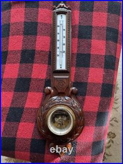 English Antique Carved Walnut Barometer Weather station