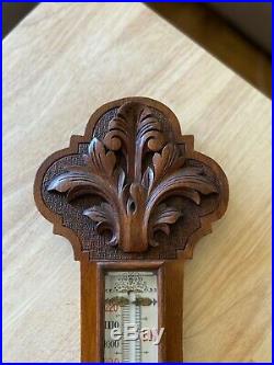 English Barometer & Thermometer Hand Carved White Oak Banjo Style