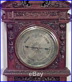 English Victorian walnut carved wall barometer and thermometer