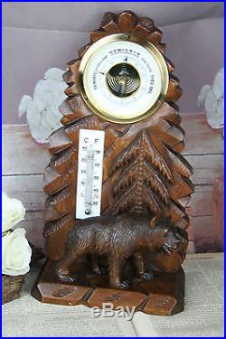 Exclusive Swiss BLACK forest wood carved Bear Barometer circa 1920
