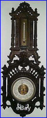 FRENCH ANTIQUE CARVED OAK WOOD BLACK FOREST BAROMETER THERMOMETER XIXth