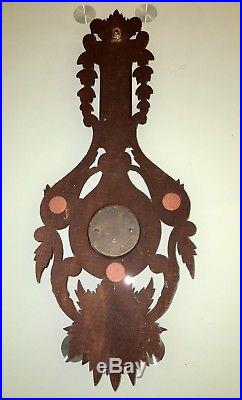 FRENCH ANTIQUE CARVED OAK WOOD BLACK FOREST BAROMETER THERMOMETER XIXth