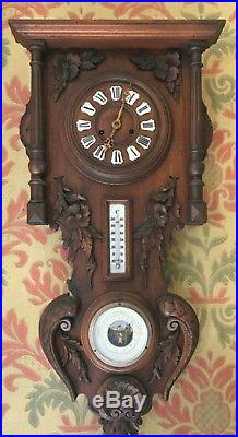 FRENCH ANTIQUE CARVED OAK WOOD BLACK FOREST BAROMETER WITH CLOCK XIXth