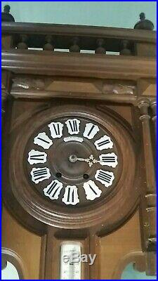 FRENCH ANTIQUE CARVED OAK WOOD BLACK FOREST BAROMETER WITH CLOCK XIXth