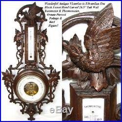 Fab Antique Black Forest Carved 28.5 Wall Barometer, Thermometer Bird & Leaves