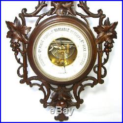 Fab Antique Black Forest Carved 28.5 Wall Barometer, Thermometer Bird & Leaves
