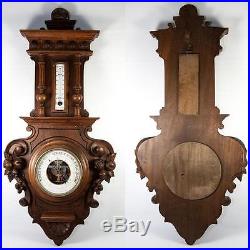 Fine Antique Carved Wood Wall Aneroid Barometer, Thermometer Fruit, Shell Motif