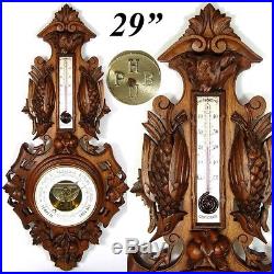 Fine Antique Victorian Era Black Forest Carved 29 Wall Barometer, Hunt Theme