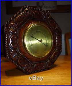 Fine Victorian Antique English c1910 Carved Oak Aneroid Wall Barometer 12