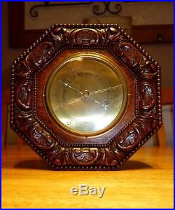 Fine Victorian Antique English c1910 Carved Oak Aneroid Wall Barometer 12