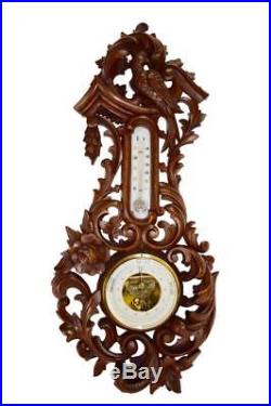 French Antique Black Forest Hand Carved Wooden Barometer and Thermometer