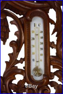 French Antique Black Forest Hand Carved Wooden Barometer and Thermometer