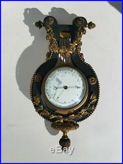 French Patinated Gilt Bronze Aneroid Barometer Empire Ormolu floral wreath clock