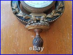 French Patinated Gilt Bronze Aneroid Barometer Empire Ormolu floral wreath clock