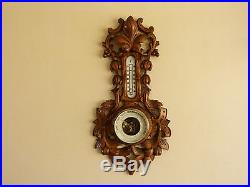 French antique wood carved wall aneroide barometer thermometer paris vintage