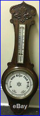 GRAND ANTIQUE CARVED OAK BANJO BAROMETER & THERMOMETER VICTORIAN, as is