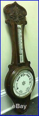 GRAND ANTIQUE CARVED OAK BANJO BAROMETER & THERMOMETER VICTORIAN, as is