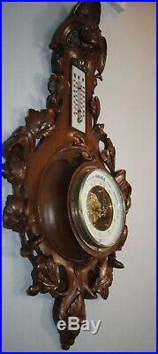 Genuine antique Masonic weather station, barometer, carved wood Freemasonry