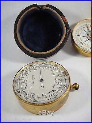George Henry Kahn SAN FRANCISCO Pocket Compass Barometer Wood Leather Case Tool