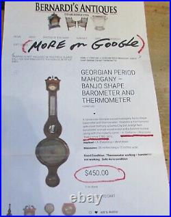 Georgian Period C 1780-1810 Banjo Shaped Mahogany Barometer & Thermometer As Is