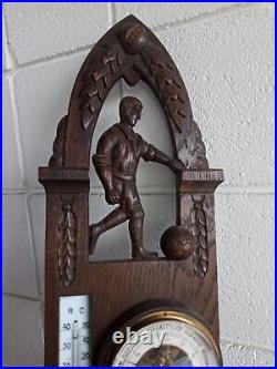 German Black Forest Carved Wooden Barometer Football Soccer Sport Gothic Wall