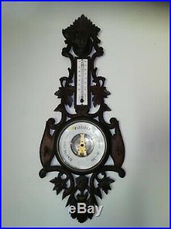 Gorgeous Black Forest Carved Wooden Barometer with Dog Head