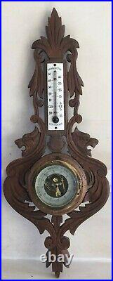 Great French Antique Carved Wood Aneroid Barometer & Thermometer Black Forest