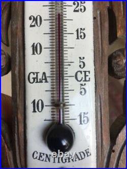 Great French Antique Carved Wood Aneroid Barometer & Thermometer Black Forest