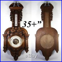 HUGE 35.5 tall Antique Carved Wood French Barometer, Thermometer, Palmette, Etc