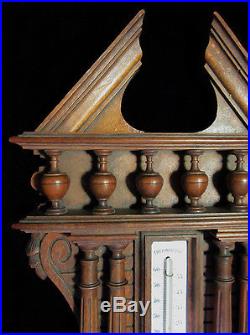 HUGE and Highly Carved French Antique Quartered Oak Barometer Case withThermometer