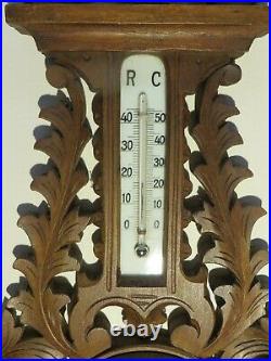 Hand-carved wooden barometer thermometer from the Black Forest around 1880