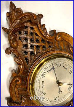 Henry Birks & Sons Brass & Glass Barometer Sculpted Wood C-scrolls Lattice Work