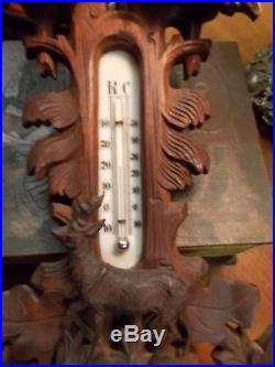 Highly Carved Black Forest Barometer / Thermometer with Deer / Stag Cuckoo