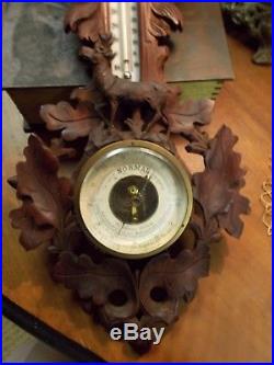 Highly Carved Black Forest Barometer / Thermometer with Deer / Stag Cuckoo