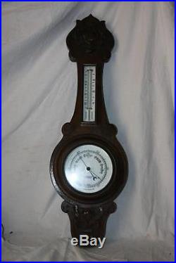 John Barker Kensington England Barometer Thermometer Hand Carved Oak Enamel