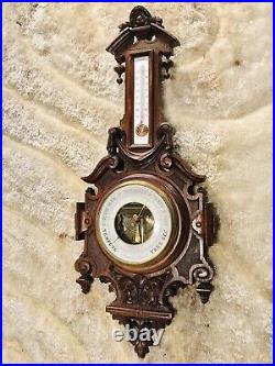 LARGE 19th ANTIQUE FRENCH CARVED WALNUT CASE WALL BAROMETER & THERMOMETER
