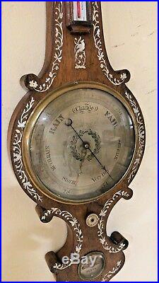 Large Antique England Inlaid Victorian Barometer Thermometer 1820