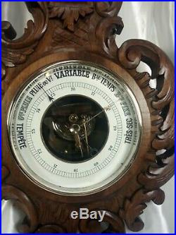 Large Antique French Black Forest Barometer Weather Station Thermometer Carved
