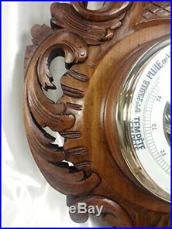 Large Antique French Black Forest Barometer Weather Station Thermometer Carved