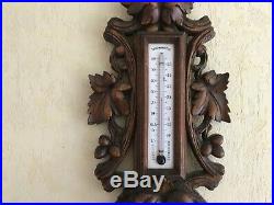 Large Antique French wall black forest barometer thermometer fruits carved wood