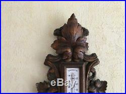 Large Antique French wall black forest barometer thermometer fruits carved wood