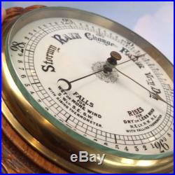 Large Antique Solid Oak Rope Carved English Barometer Weather Station Vintage