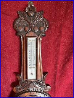 Large Antique Victorian English Hand Carved Wood Wall Aneroid Barometer