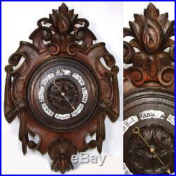 Large Antique Victorian Era Black Forest Carved Oak 19.5 Wall Barometer, Enamel