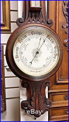 Large Antique Wood Carved Barometer Thermometer 1890