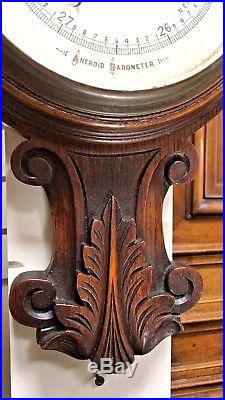 Large Antique Wood Carved Barometer Thermometer 1890