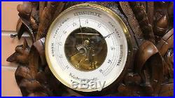 Large Black Forest Antique Wood Carved Barometer Thermometer Walnut 1890