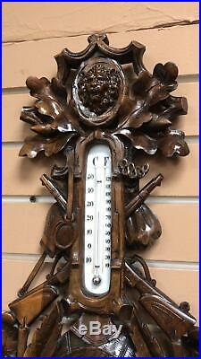 Large Black Forest Antique Wood Carved Barometer Thermometer Walnut 1890