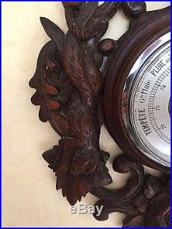 Large black forest French oak wood thermometer barometer carved hunting scene