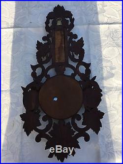 Large black forest French oak wood thermometer barometer carved hunting scene